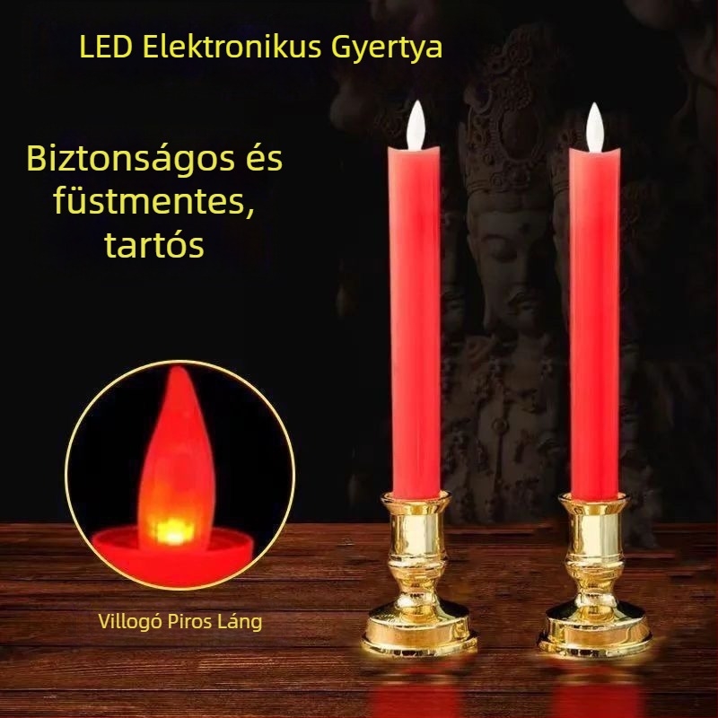 Piros LED-es elektronikus gyertya, hosszú élettartalmú akkumulátor, füstmentes, házavatóra és esküvőkre