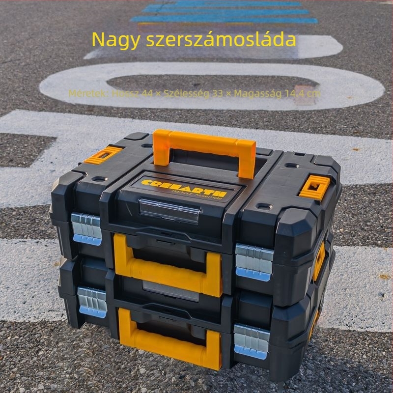 Extra vastag stackelhető szerszámos doboz – tárolás elektromos csavarhúzóhoz, szögcsiszolóhoz és lítium‑akkumulátoros szerszámokhoz