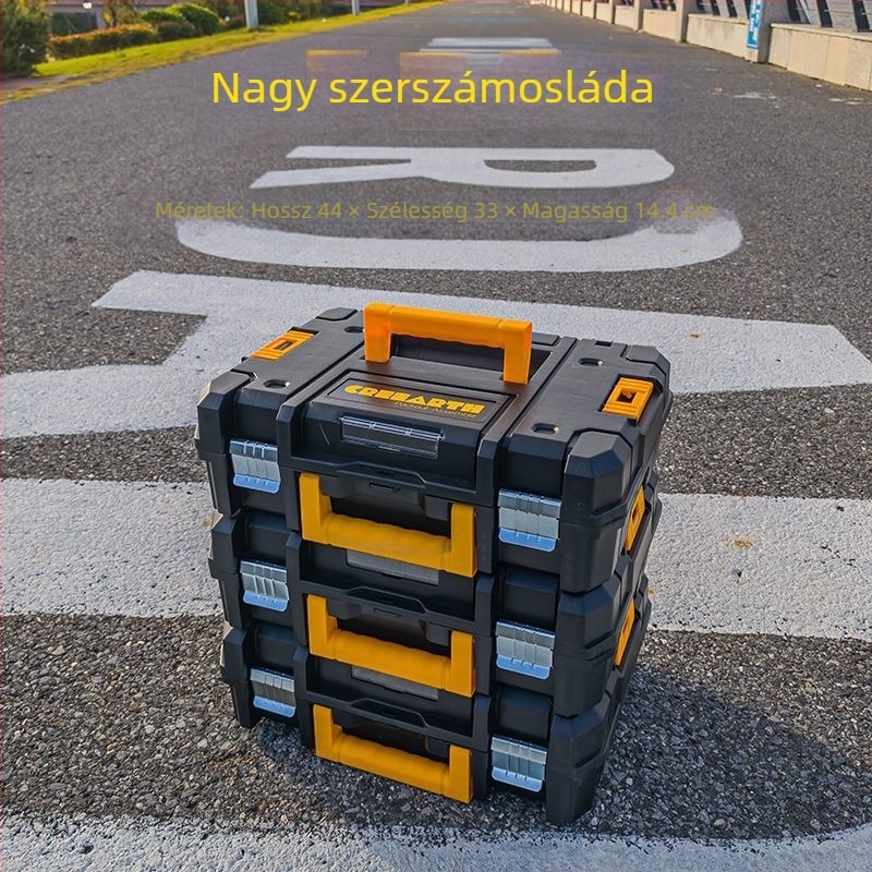 Extra vastag stackelhető szerszámos doboz – tárolás elektromos csavarhúzóhoz, szögcsiszolóhoz és lítium‑akkumulátoros szerszámokhoz