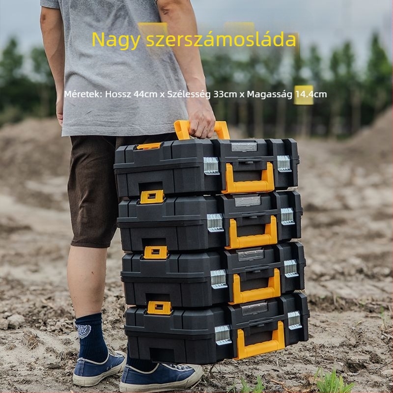 Extra vastag stackelhető szerszámos doboz – tárolás elektromos csavarhúzóhoz, szögcsiszolóhoz és lítium‑akkumulátoros szerszámokhoz
