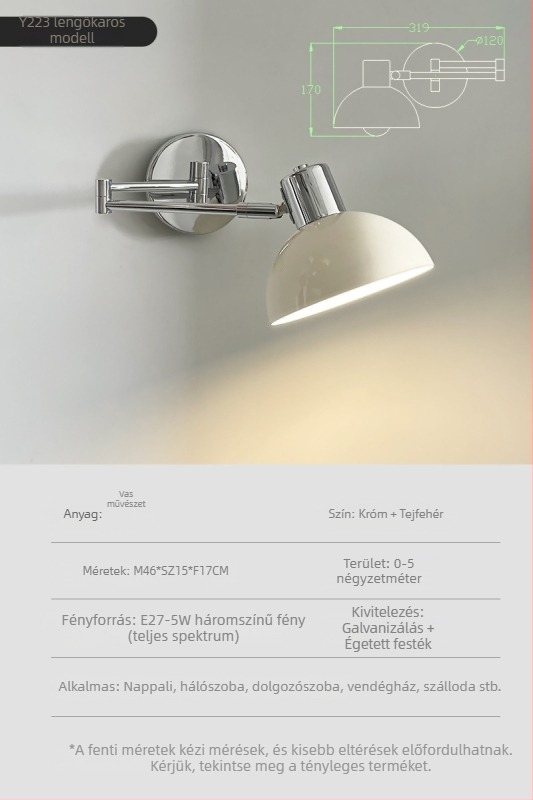 Fali lámpa teljes spektrummal, UFO krém színű stílusban, modern minimalista dizájn, forgatható éjjeli lámpa hálószobába és nappaliba, vintage kar