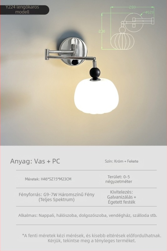 Fali lámpa teljes spektrummal, UFO krém színű stílusban, modern minimalista dizájn, forgatható éjjeli lámpa hálószobába és nappaliba, vintage kar