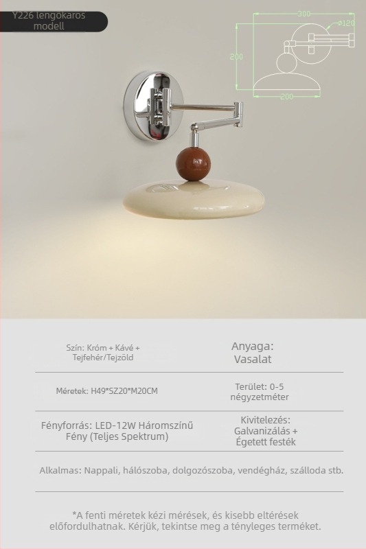 Fali lámpa teljes spektrummal, UFO krém színű stílusban, modern minimalista dizájn, forgatható éjjeli lámpa hálószobába és nappaliba, vintage kar