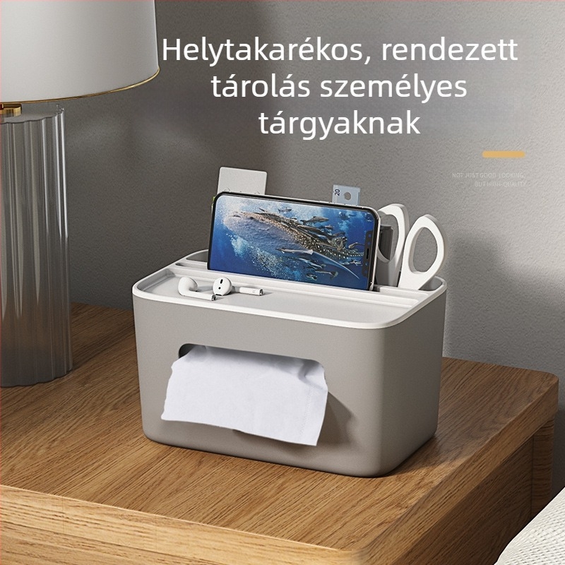 Sokoldalú műanyag papírzsebkendő-doboz és távirányító tartó – nappaliba szánt asztali tároló, modern, letisztult dizájn