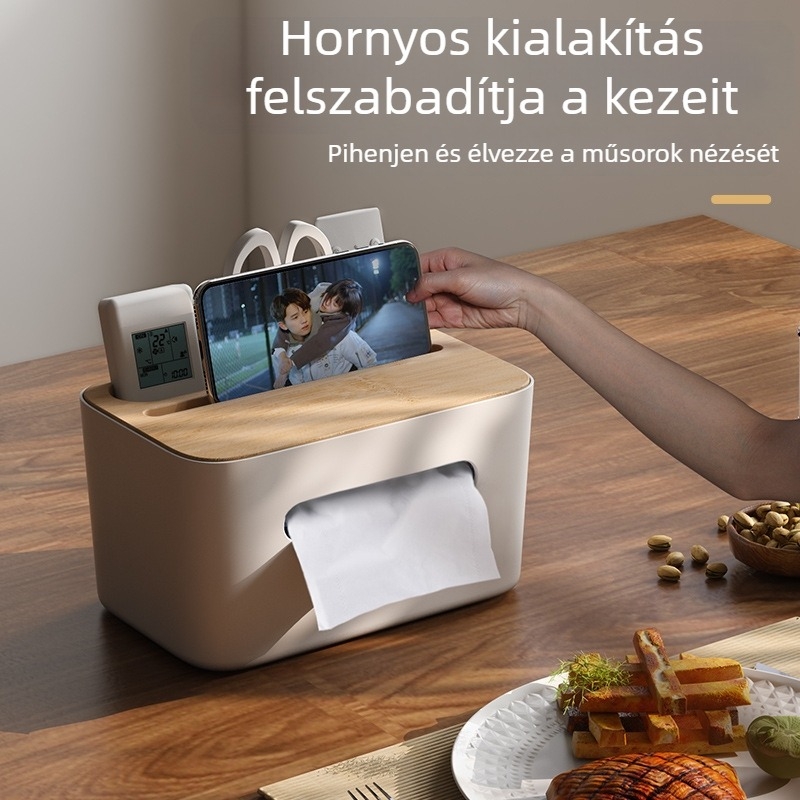 Sokoldalú műanyag papírzsebkendő-doboz és távirányító tartó – nappaliba szánt asztali tároló, modern, letisztult dizájn
