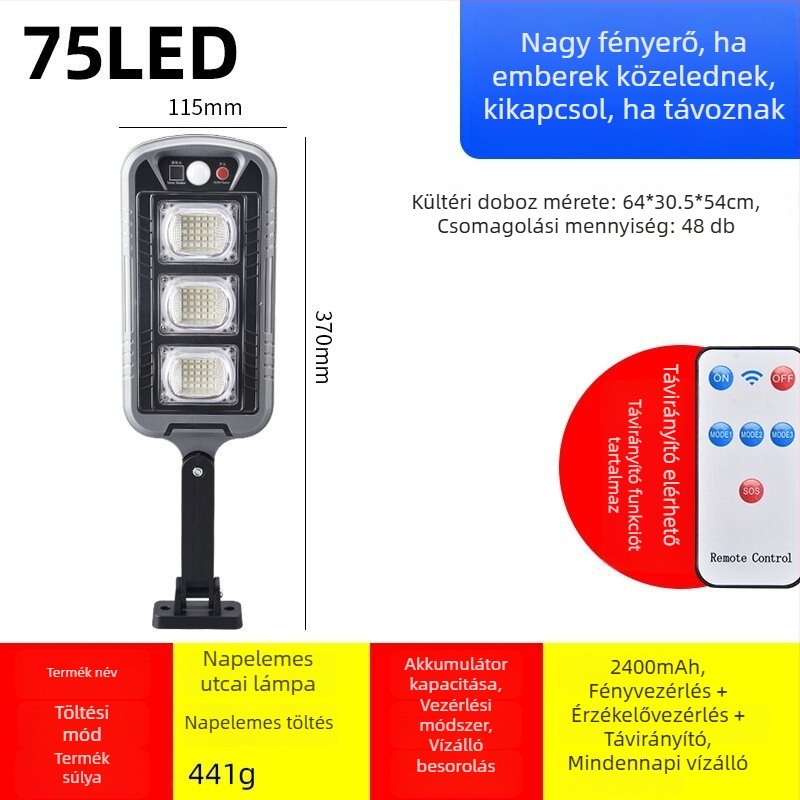 Szuper fényes kültéri vízálló COB napenergia-falikar kert- és udvarmegvilágításra, távirányítóval és mozgásérzékelővel, LED