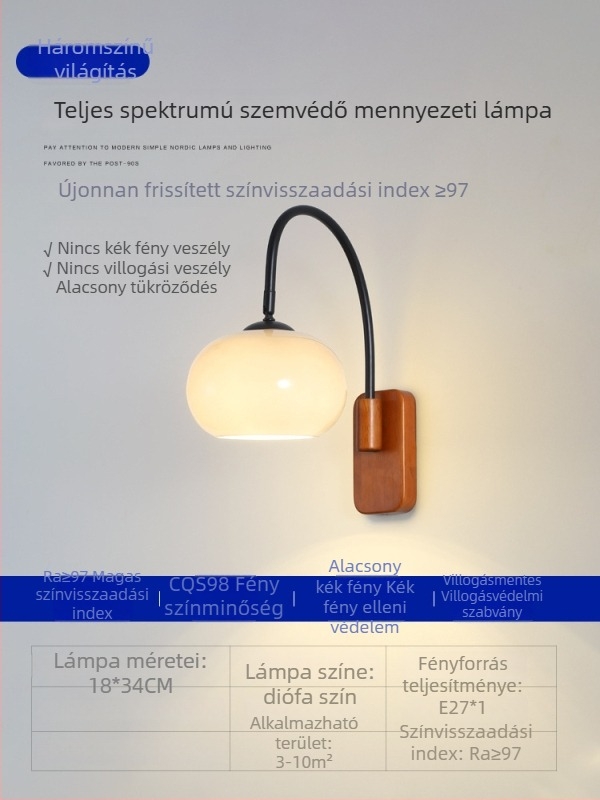 Éjjelifali lámpa üveggel borított árnyékolóval, vas testtel, vintage francia–skandináv stílus, LED