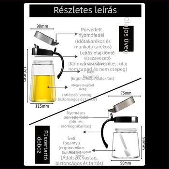 Üvegből készült fűszertartó készlet olajtartállyal, só- és MSG-tárolókkal – modern konyhai tárolás