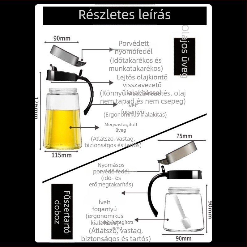 Üvegből készült fűszertartó készlet olajtartállyal, só- és MSG-tárolókkal – modern konyhai tárolás