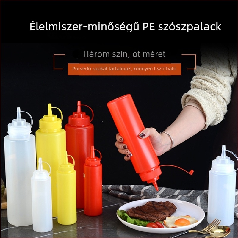Sűrített nyomóflaska szószokhoz, élelmiszer-minőségű ketchup és ízesítő flakon puha műanyagból, öntet és lekvár számára, kereskedelmi használat