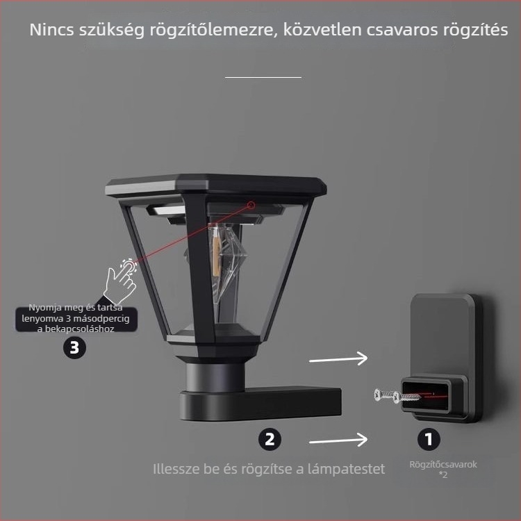 Napelemes kerti lámpa kültéri oszlophoz, vízálló COB falikar kerthez