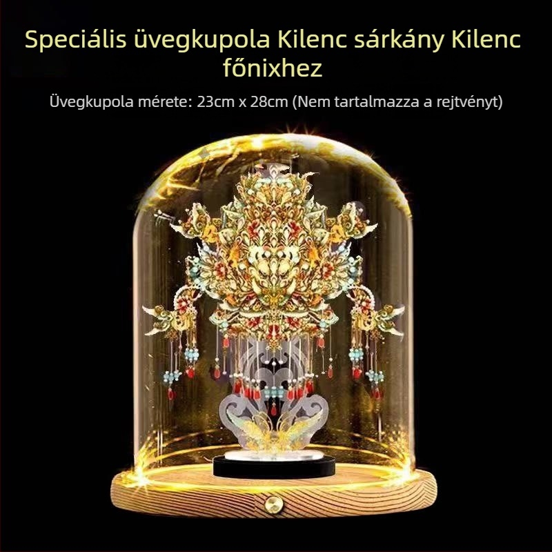 LED világított üveg bemutató alap, kilenc sárkány és kilenc phoenix koronával, átlátszó fedél