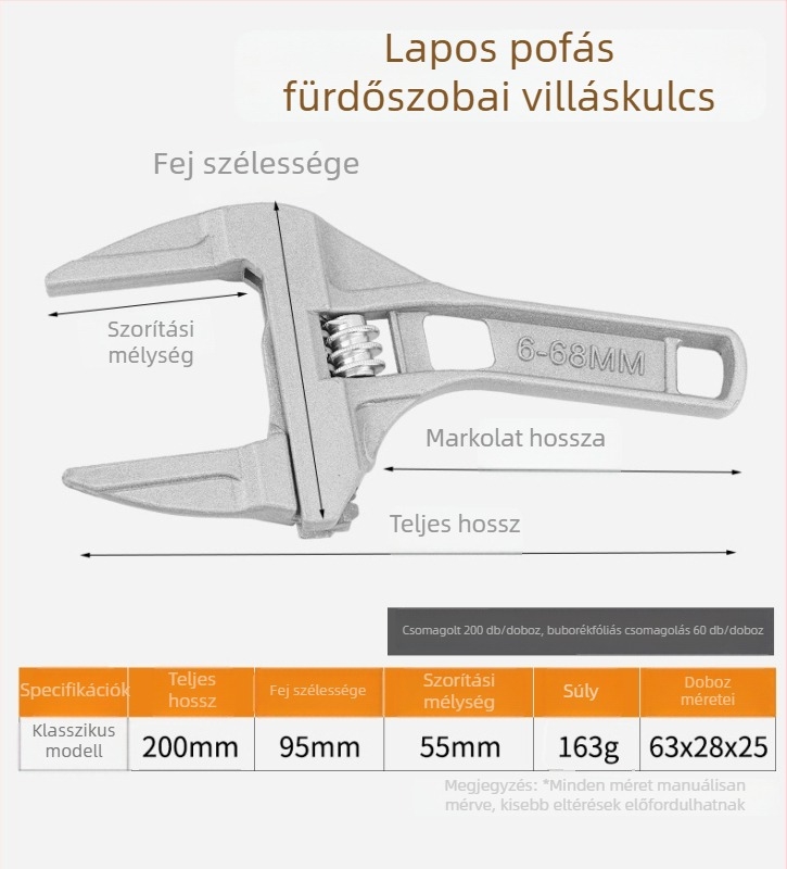 Állítható vízvezeték-kulcs alumíniumötvözetből, nagy nyílású, rövid nyél, mozgatható állkapocs, levehető