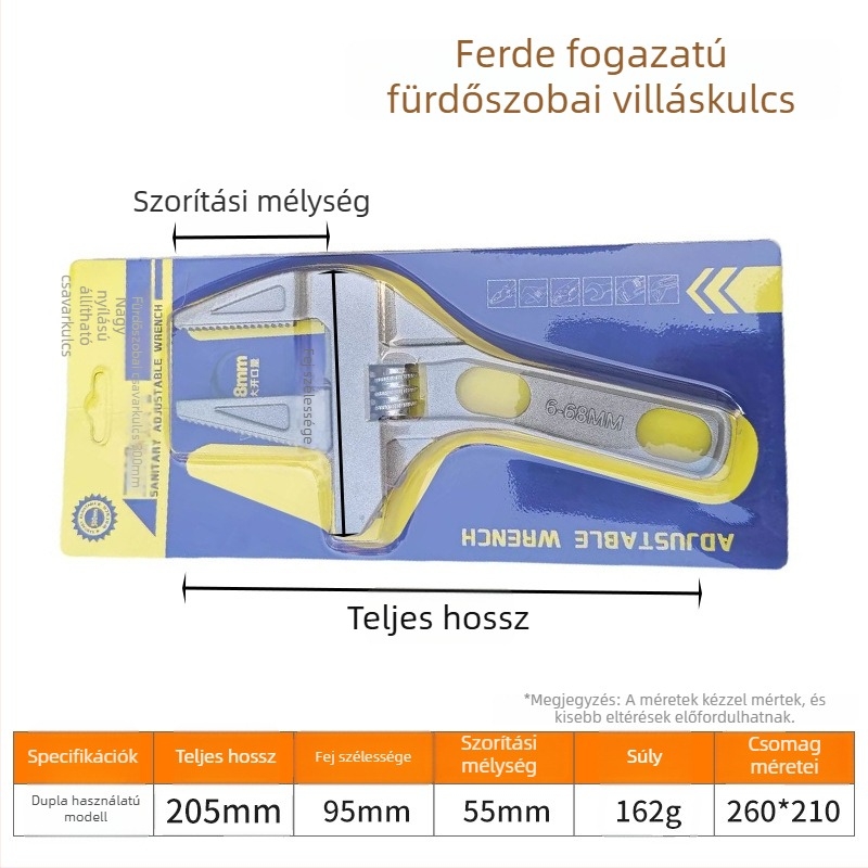 Állítható vízvezeték-kulcs alumíniumötvözetből, nagy nyílású, rövid nyél, mozgatható állkapocs, levehető