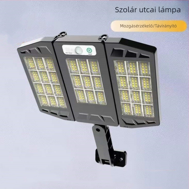 Napelemes kültéri kertvilágítás összecsukható kivitelben, távirányítóval, mozgásérzékelős LED utcai lámpa, vízálló, COB falikar ultra‑fényes.