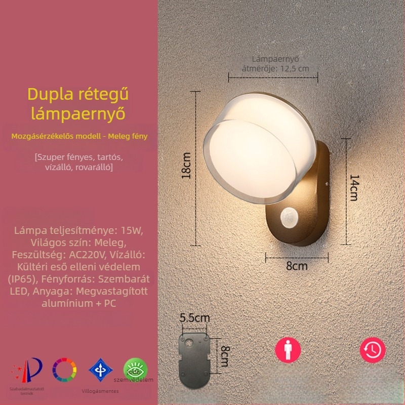 LED kültéri, vízálló falikar mozgásérzékelővel erkélyre, kapuhoz, udvarra, teraszra és folyosóra