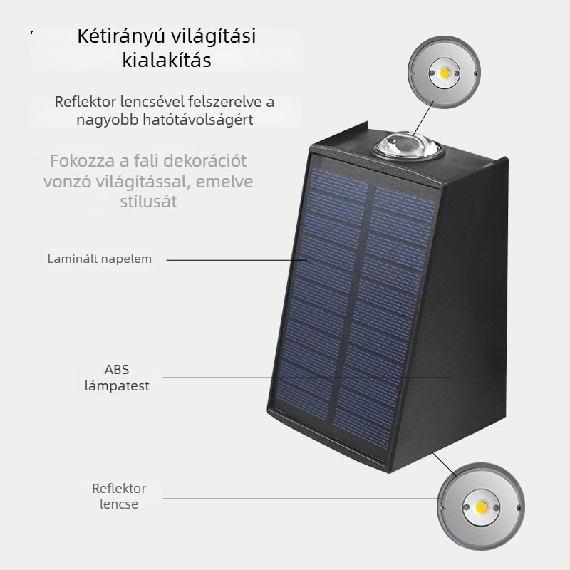 Napelemes LED tájvilágítású falikar kültéri kerthez és villához, világítás felfelé és lefelé