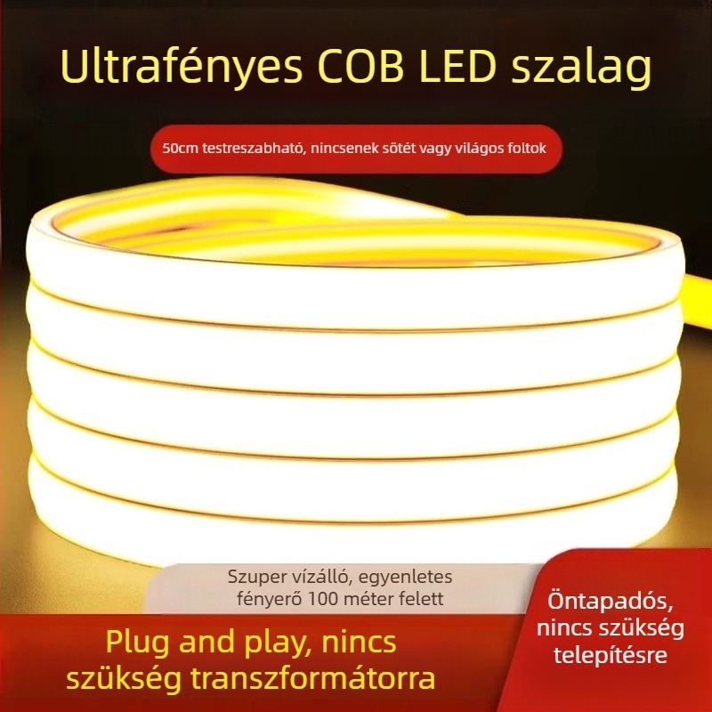 Kültéri COB LED szalag, rugalmas, 220V, vízálló, lineáris kialakítás, 12W