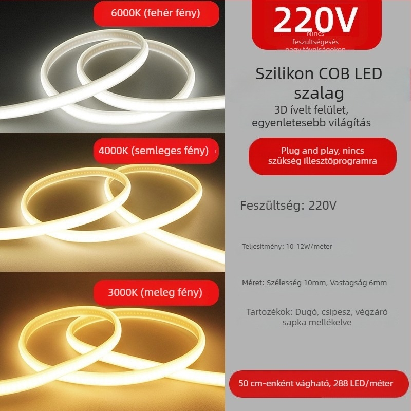 Kültéri COB LED szalag, rugalmas, 220V, vízálló, lineáris kialakítás, 12W