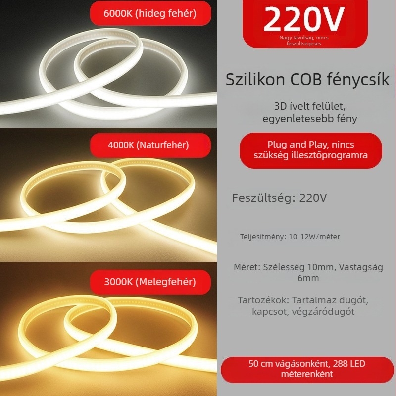 Kültéri COB LED szalag, rugalmas, 220V, vízálló, lineáris kialakítás, 12W