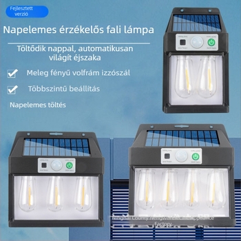 Napelemes kültéri falikar nappal–éjszakai érzékelővel, automatikus bekapcsolással sötétedéskor