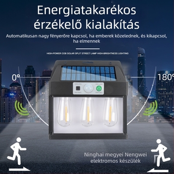 Napelemes kültéri falikar nappal–éjszakai érzékelővel, automatikus bekapcsolással sötétedéskor