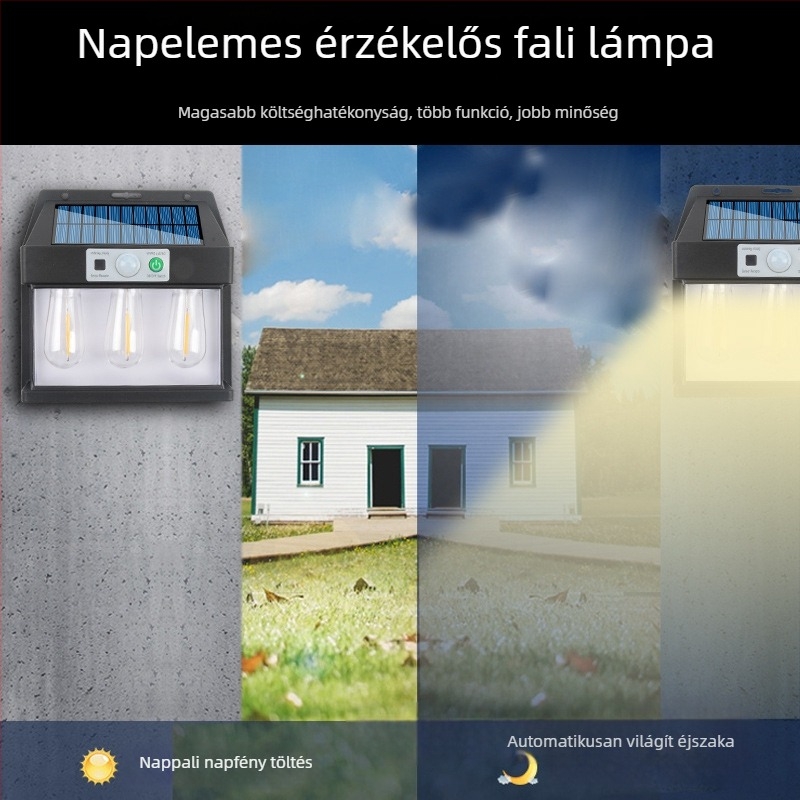 Napelemes kültéri falikar nappal–éjszakai érzékelővel, automatikus bekapcsolással sötétedéskor