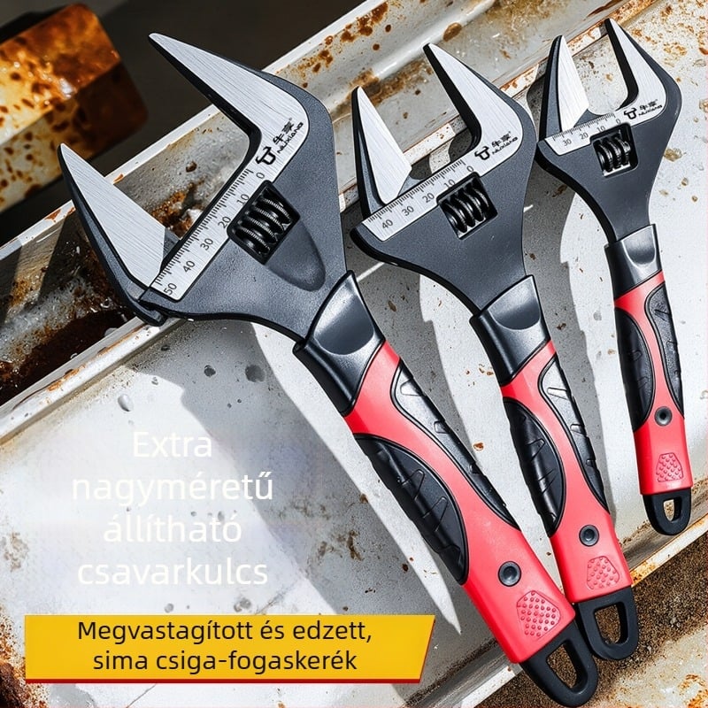 Ipari minőségű állítható csavarkulcs, nagy nyílású, rövid nyéllel, többfunkciós