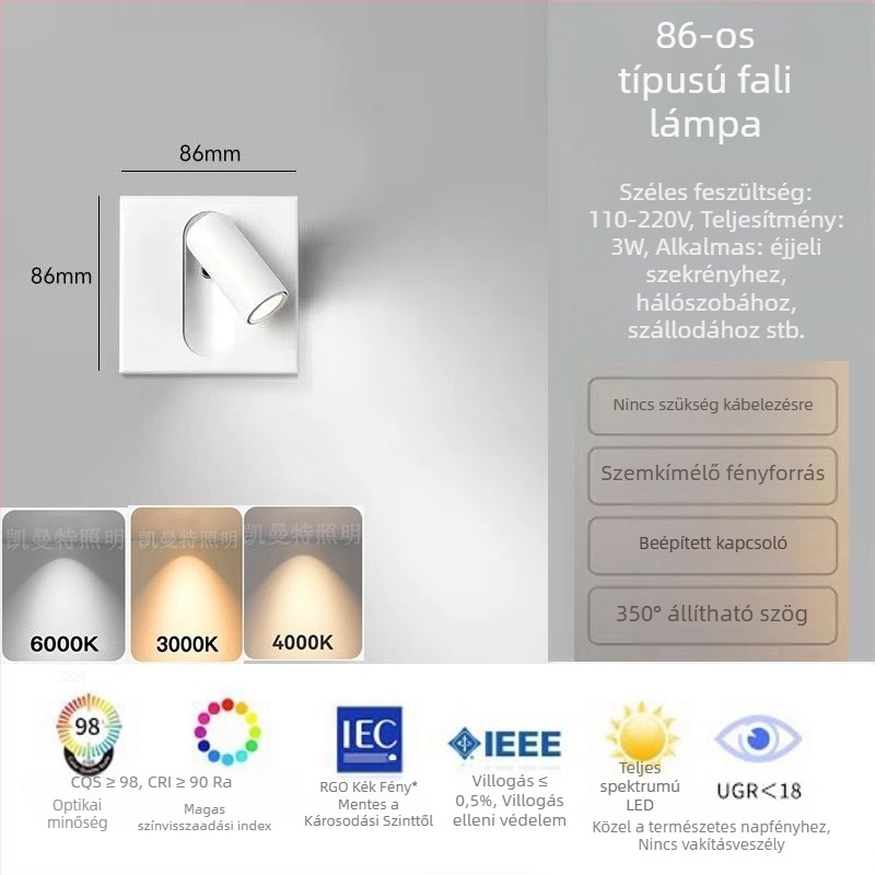 LED falikar hálószobába, 86-os típus, négyszögletes aljzat és kapcsoló, beépített olvasólámpa