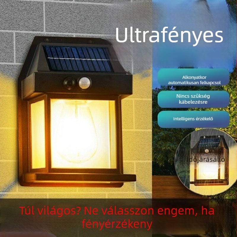Napelemes falikar kültéri, nagy teljesítményű, ultra fényes, IP63 vízálló, mozgásérzékelős, kert