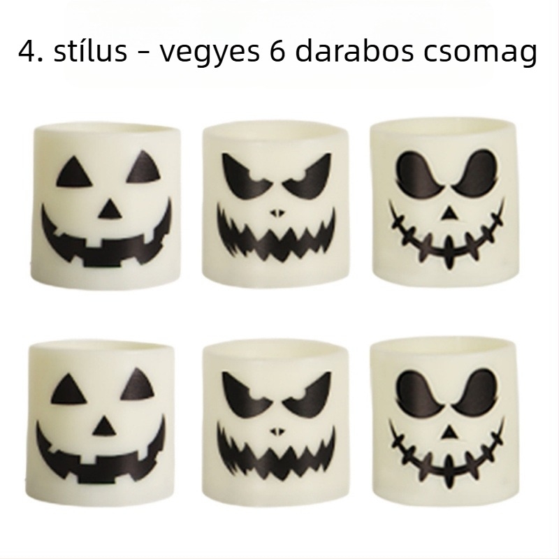 Halloween LED gyertyák nyomtatott szellem dizájnnal, 18 gombos távirányítóval, 6 darabos készlet