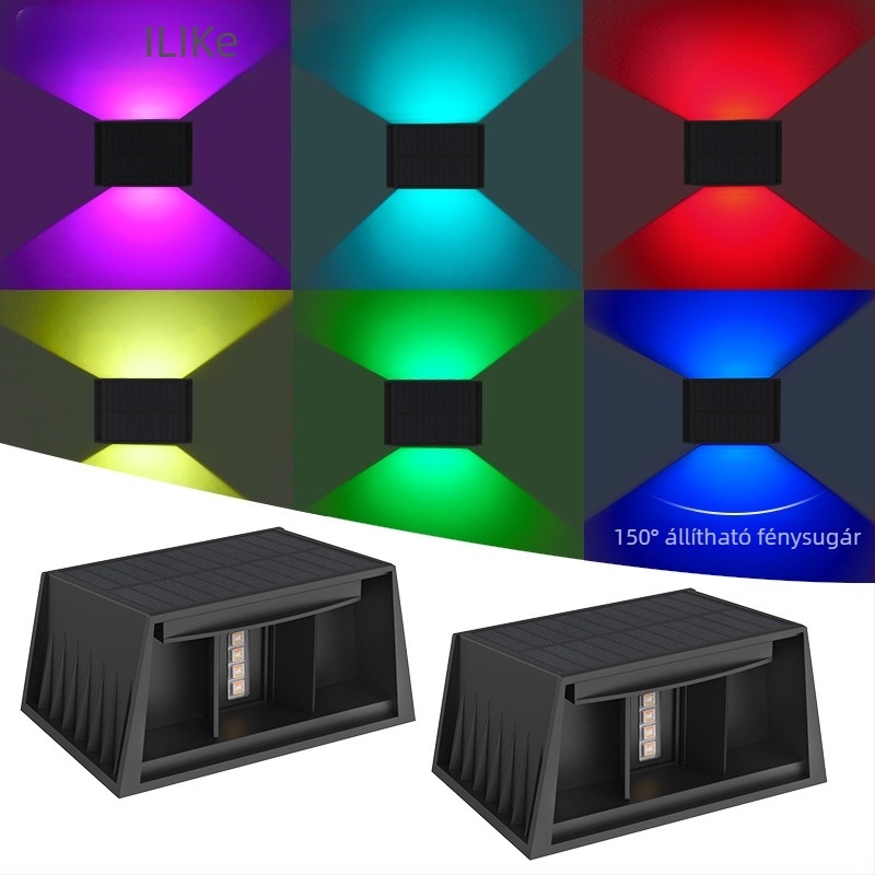 Napelemes RGB falmosó fény, fel- és levilágítással, vezeték nélküli, kültéri vízálló kertfal-lámpa