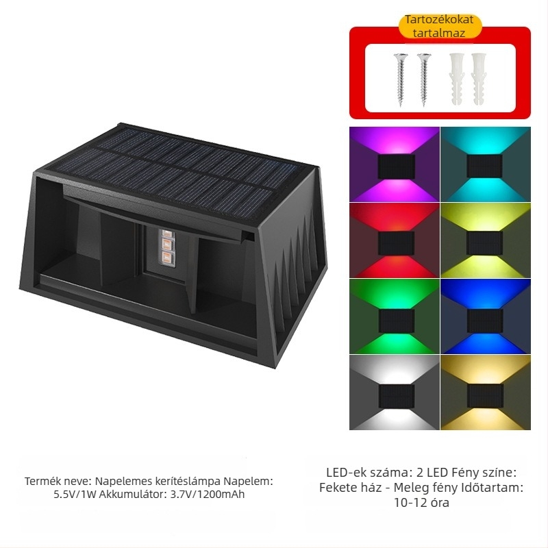 Napelemes RGB falmosó fény, fel- és levilágítással, vezeték nélküli, kültéri vízálló kertfal-lámpa