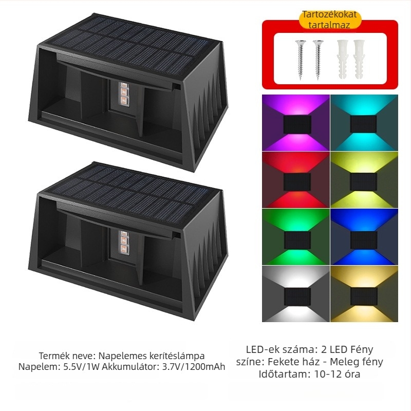 Napelemes RGB falmosó fény, fel- és levilágítással, vezeték nélküli, kültéri vízálló kertfal-lámpa