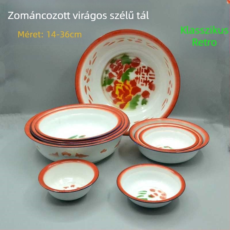 I9EK Klasszikus vörös virág motívummal, ívelt szélű emalizált edény, porcelán leveses tál és rizs tál, hőálló