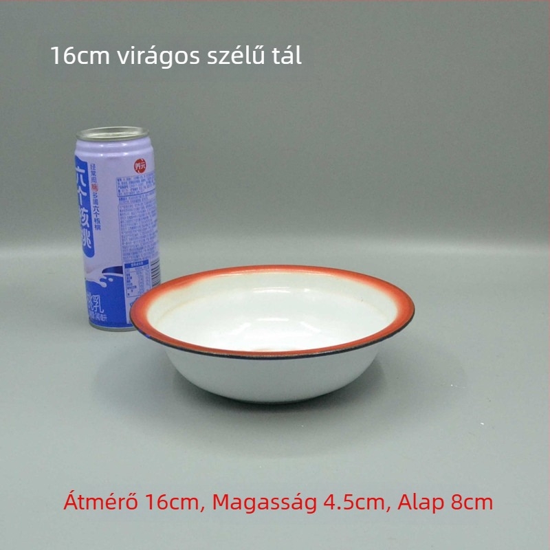 I9EK Klasszikus vörös virág motívummal, ívelt szélű emalizált edény, porcelán leveses tál és rizs tál, hőálló