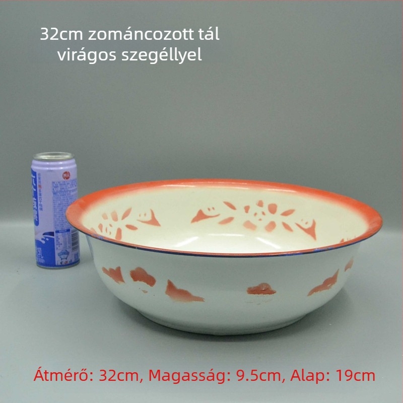 I9EK Klasszikus vörös virág motívummal, ívelt szélű emalizált edény, porcelán leveses tál és rizs tál, hőálló