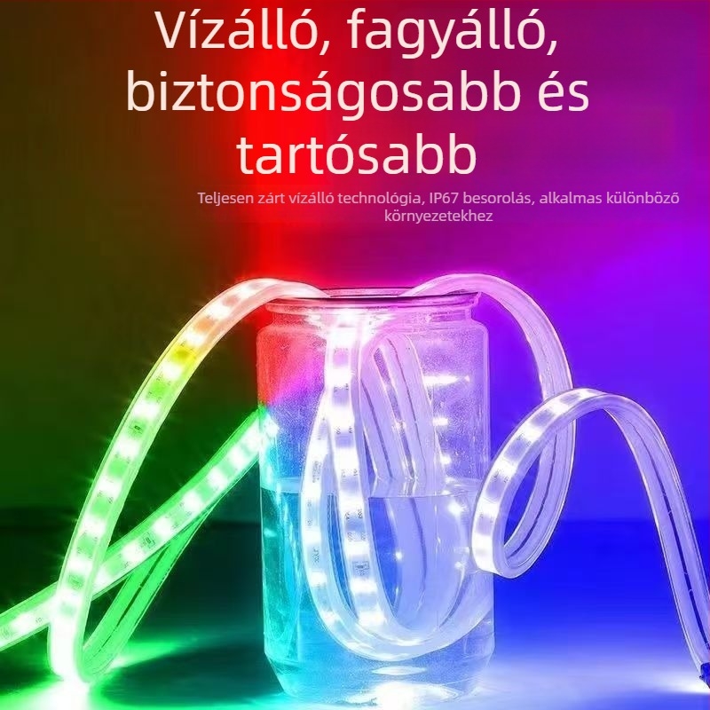 220V RGB LED-szalag 5050 kültéri, IP67 vízálló, távirányítós színváltó világítás reklámprojektekhez