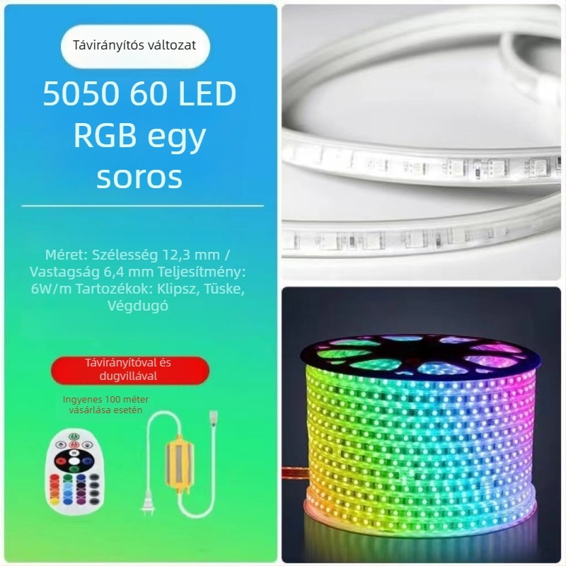 220V RGB LED-szalag 5050 kültéri, IP67 vízálló, távirányítós színváltó világítás reklámprojektekhez
