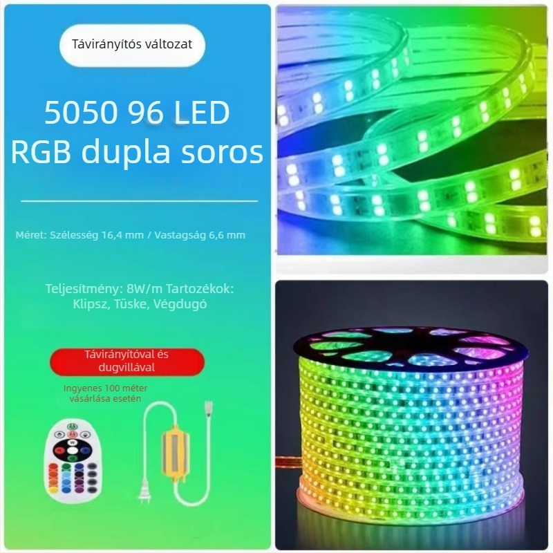 220V RGB LED-szalag 5050 kültéri, IP67 vízálló, távirányítós színváltó világítás reklámprojektekhez