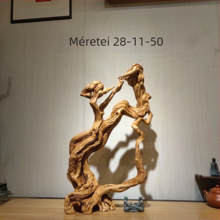 Guanyin és Maitreya gyökérfából faragott fa szobor, természetes forma, öregített anyag