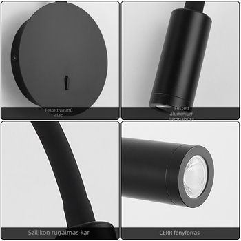 Állítható szögű LED falilámpa USB-vel és kapcsolóval; modern, minimalist design nappaliba, folyosóra, galériába és hálószobába