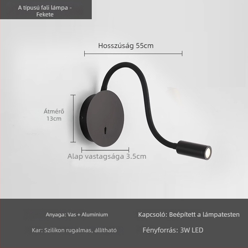 Állítható szögű LED falilámpa USB-vel és kapcsolóval; modern, minimalist design nappaliba, folyosóra, galériába és hálószobába