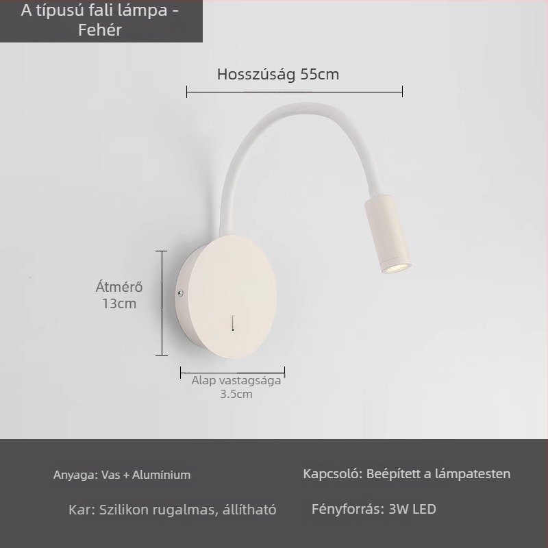 Állítható szögű LED falilámpa USB-vel és kapcsolóval; modern, minimalist design nappaliba, folyosóra, galériába és hálószobába