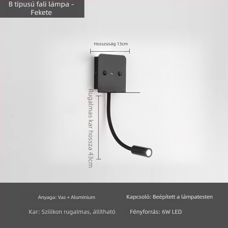 Állítható szögű LED falilámpa USB-vel és kapcsolóval; modern, minimalist design nappaliba, folyosóra, galériába és hálószobába