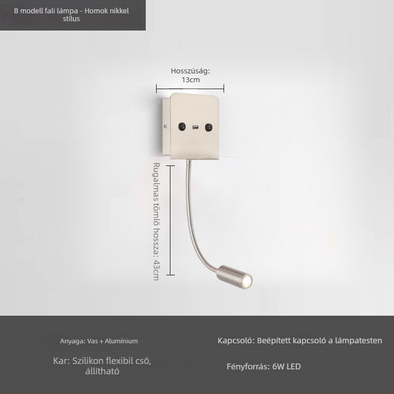 Állítható szögű LED falilámpa USB-vel és kapcsolóval; modern, minimalist design nappaliba, folyosóra, galériába és hálószobába