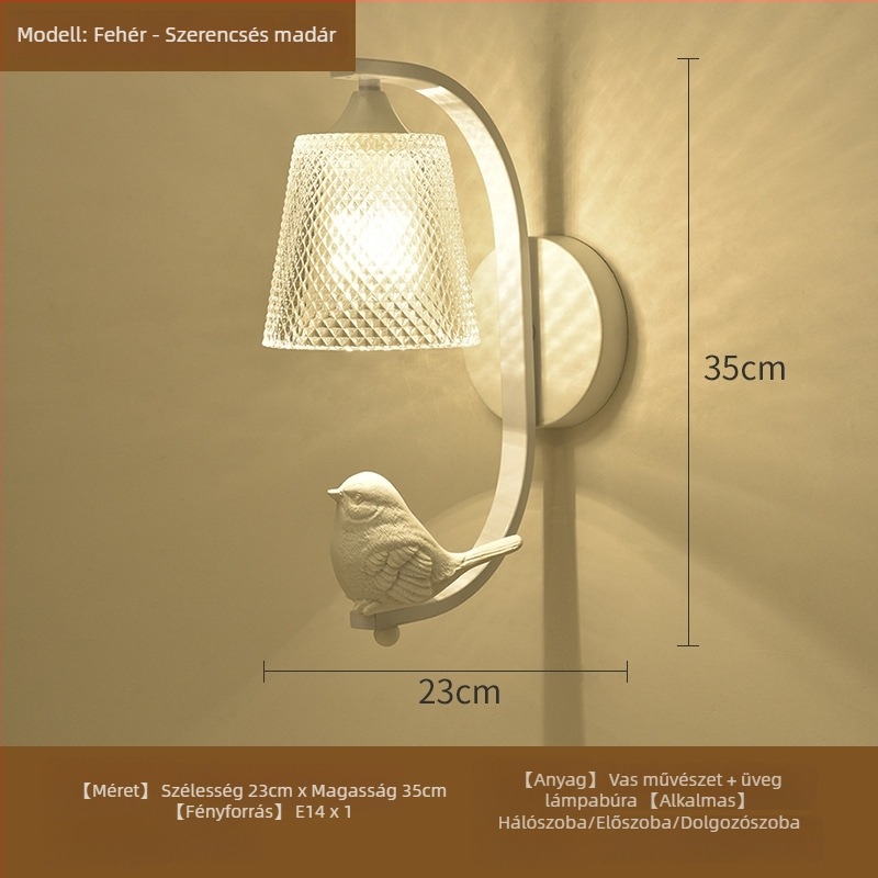 Nordic stílusú falikar, modern minimalist LED lámpa üveges árnyékolóval, hálószoba, nappali és gyerekszoba számára; madár motívum a folyosóra és a lépcsőhöz