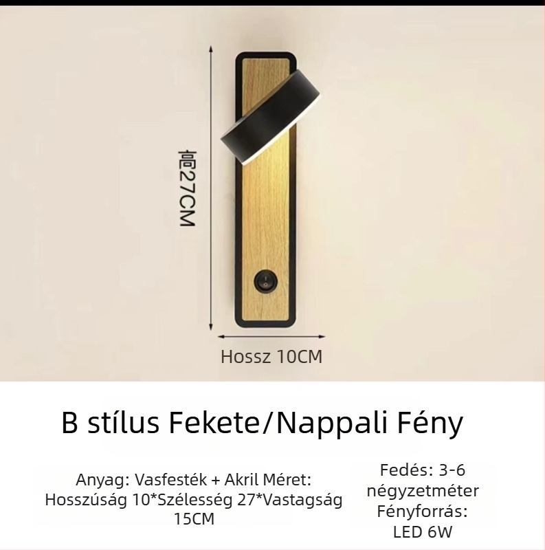 Skandináv stílusú forgó fali lámpa kapcsolóval, LED világítással hálószobára, folyosóra és dolgozószobára