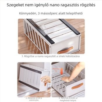 Konyhai tárolóállvány kinyitható összecsukható kosárral, többszintű tároló csúszó sínekkel a mosogató alatt