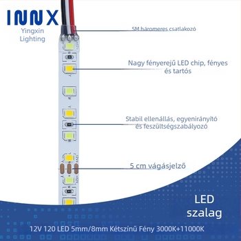 12V-os LED-szalag 120 LED-del, háromszínű dimmelhető világítással, vastagság 5/8 mm, nagy hőmérséklet-tűrés, 12W, alacsony feszültség, szembarát világítás, nem vízálló, ruhásszekrényhez